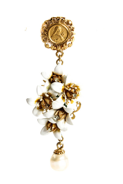 Dolce & Gabbana Womens Gold Tone White Resin Floral Faux Pearl Dangle Earrings