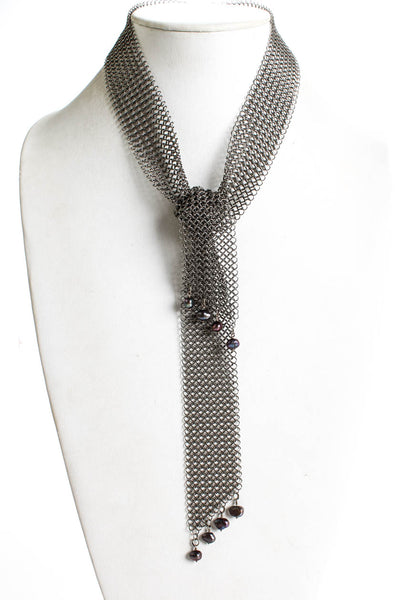 Designer Women's Silver Tone Mesh Necklace Imitation Pearl Accents