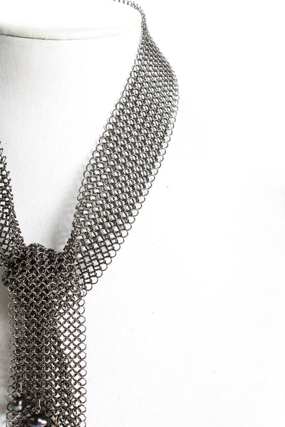 Designer Women's Silver Tone Mesh Necklace Imitation Pearl Accents