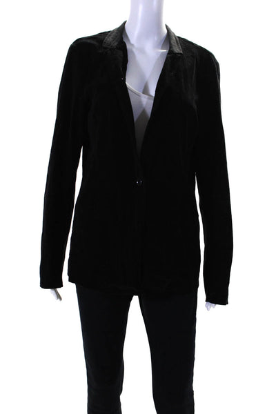 Three Dots Womens Cotton Ribbed Textured Buttoned Collared Blazer Black Size L