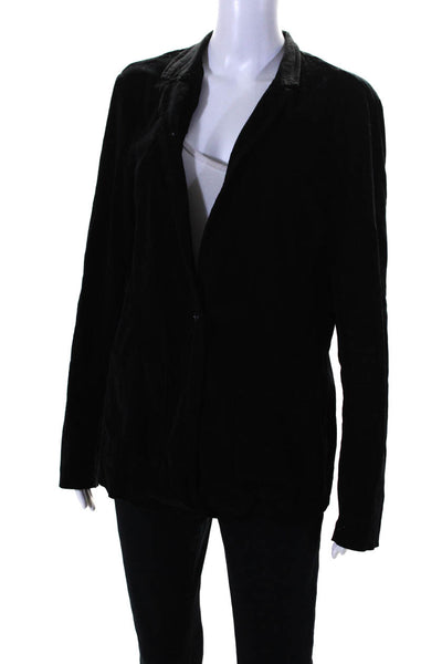 Three Dots Womens Cotton Ribbed Textured Buttoned Collared Blazer Black Size L