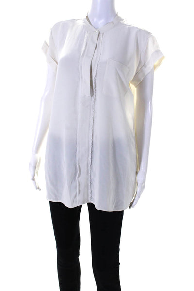 Vince Womens Silk V-Neck Short Sleeve Fringed Buttoned Blouse Top White Size L