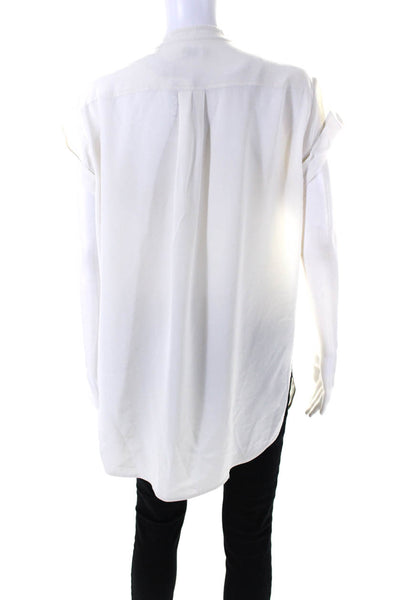 Vince Womens Silk V-Neck Short Sleeve Fringed Buttoned Blouse Top White Size L
