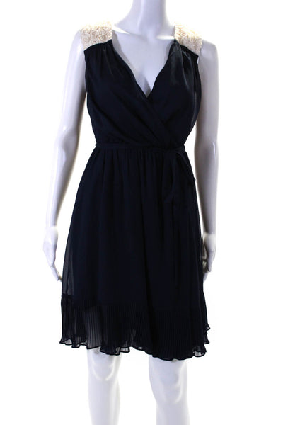 McGinn Womens 3D Flower Chiffon Sleeveless Wrap Dress Navy Blue Ecru Size 4