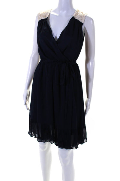 McGinn Womens 3D Flower Chiffon Sleeveless Wrap Dress Navy Blue Ecru Size 4