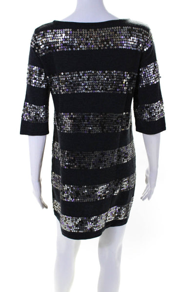 Nanette Lepore Womens Sequin Stripe Sweater Shift Dress Gray Wool Size XS