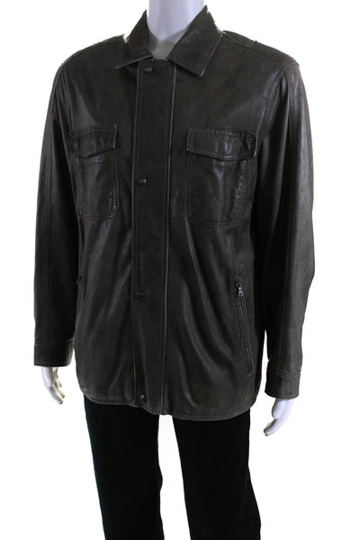 Andrew Marc Mens Leather Full Zipper Light Jacket Green Size Large