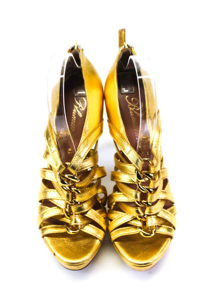 Blumarine Womens Metallic Leather Open Toe Strappy Zip Up Heels Gold Size 39 9