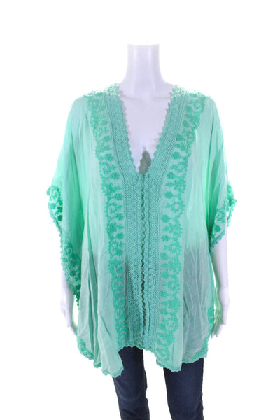 Melissa Odabash Women's V-Neck Short Sleeves Crochet Trim Blouse Green One Size