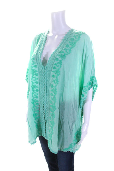 Melissa Odabash Women's V-Neck Short Sleeves Crochet Trim Blouse Green One Size