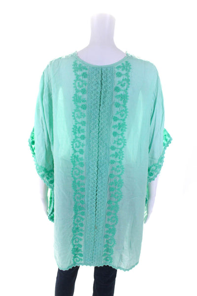 Melissa Odabash Women's V-Neck Short Sleeves Crochet Trim Blouse Green One Size