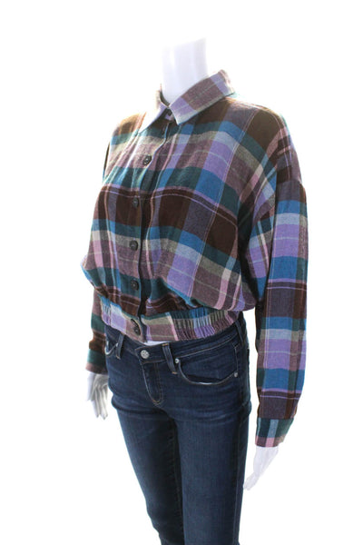 Ba&Sh Womens Wool Plaid Buttoned Ruched Hem Collared Blouse Top Purple Size XS