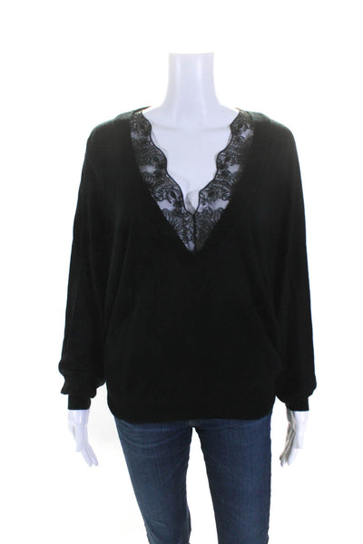 Chloe Womens Lace Trim Thin Knit Oversize V Neck Sweater Black Wool Size Medium