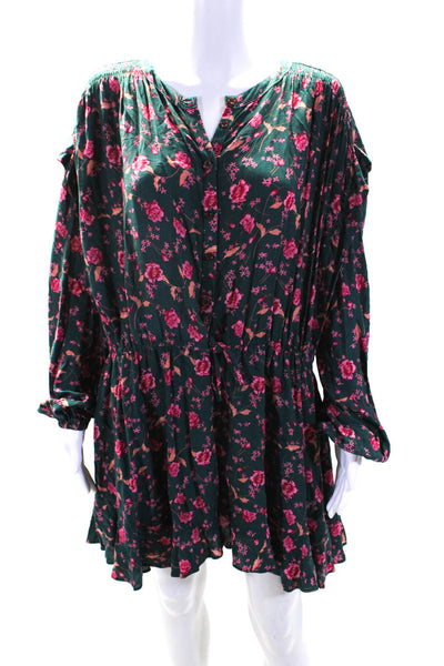 Free People Womens Floral Print Long Sleeve Button Up Mini Dress Green Size S