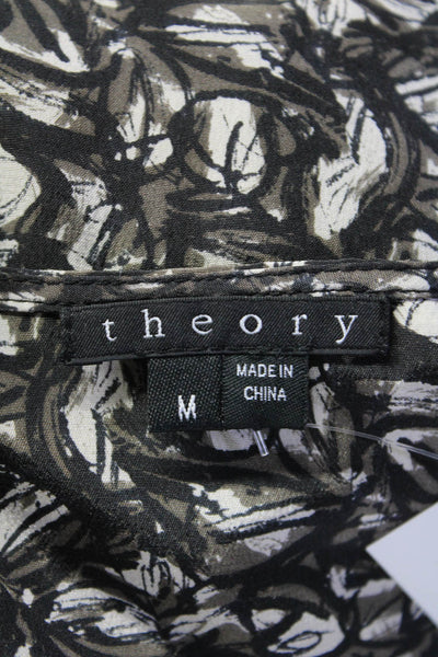 Theory Womens Silk Abstract Print Round Neck Sleeveless Blouse Top Black Size M