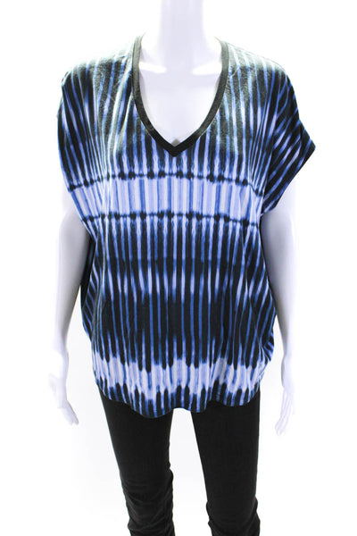 Vince Womens Cotton Blend Abstract Print V-Neck Short Sleeve Top Blue Size S