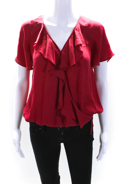 Joie Womens Silk Ruffle Trim Drawstring Hem Short Sleeve Blouse Top Red Size S