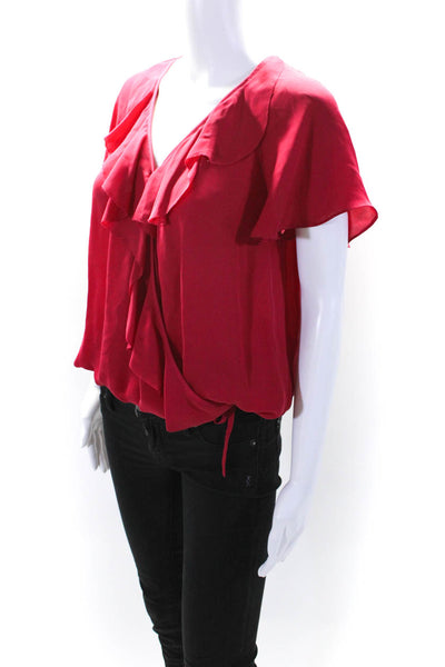 Joie Womens Silk Ruffle Trim Drawstring Hem Short Sleeve Blouse Top Red Size S