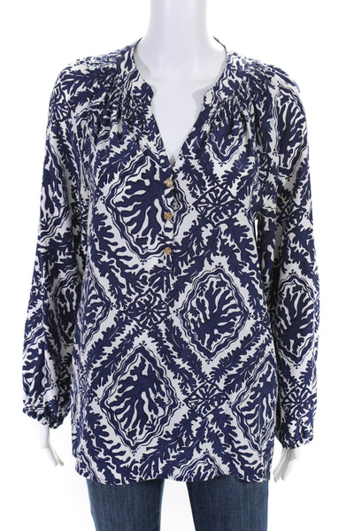 Lilly Pulitzer Womens Silk Long Sleeves Blouse White Navy Blue Size Medium