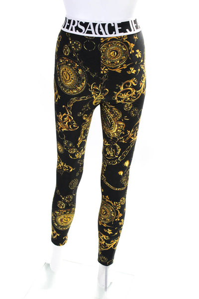 Versace Jeans Couture Womens Baroque Print Logo Leggings Black Yellow Size 2