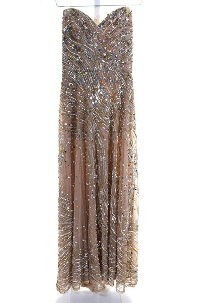 Elie Saab Womens Back Zip Sweetheart Beaded Embellished Midi Dress Gold IT 38