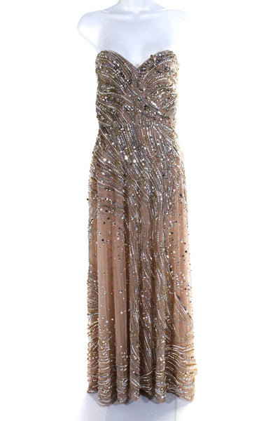 Elie Saab Womens Back Zip Sweetheart Beaded Embellished Midi Dress Gold IT 38