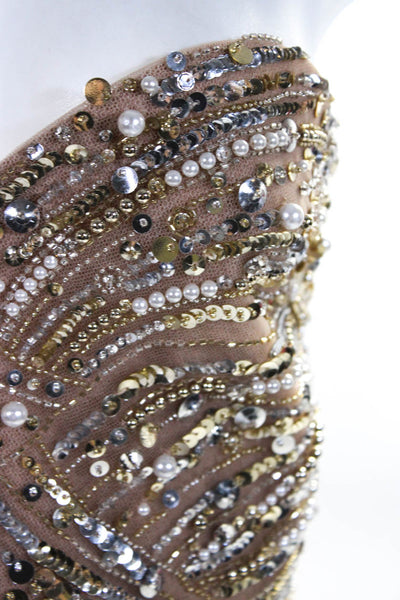 Elie Saab Womens Back Zip Sweetheart Beaded Embellished Midi Dress Gold IT 38