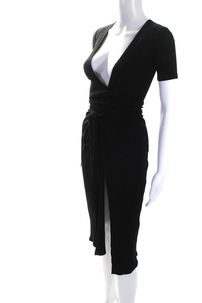 Reformation Womens Ribbed Knit Short Sleeve V-Neck Long Wrap Dress Black Size S