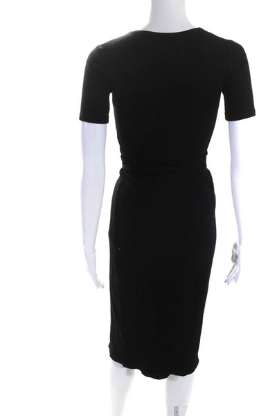 Reformation Womens Ribbed Knit Short Sleeve V-Neck Long Wrap Dress Black Size S