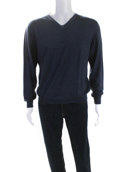 Pal Zileri Mens Long Sleeve Thin Knit V Neck Pullover Sweater Navy Wool Large