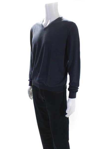 Pal Zileri Mens Long Sleeve Thin Knit V Neck Pullover Sweater Navy Wool Large