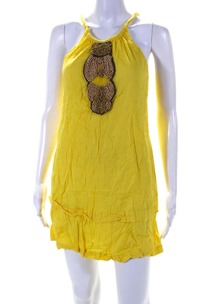 Miguelina Womens Beaded Halter Sleeveless Mini Sheath Dress Yellow Size Small
