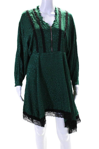 Koche Womens Leopard Satin Jacquard Long Sleeve Zip A Line Dress Green FR 32