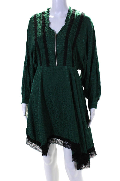 Koche Womens Leopard Satin Jacquard Long Sleeve Zip A Line Dress Green FR 32
