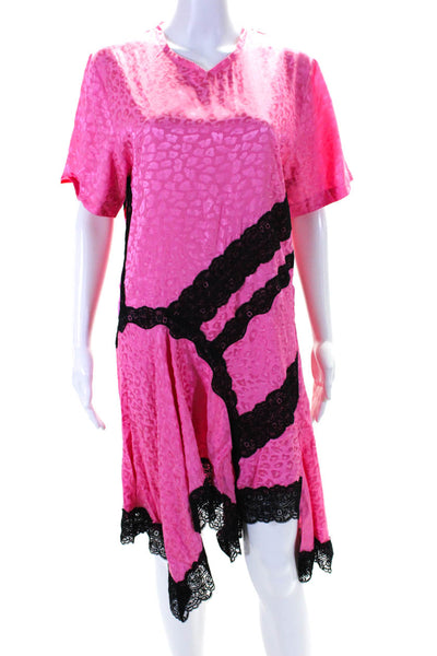 Koche Womens Leopard Satin Jacquard Lace Trim Midi Sheath Dress Pink Black FR 38