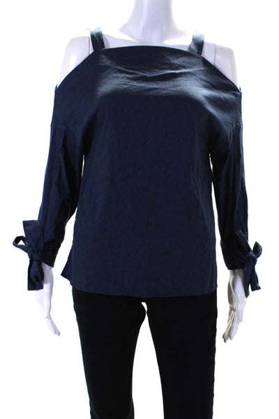 Tibi Womens Square Neck Off Shoulder Long Sleeve Top Blouse Navy Blue Size XXS