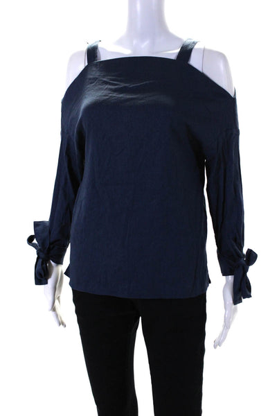 Tibi Womens Square Neck Off Shoulder Long Sleeve Top Blouse Navy Blue Size XXS