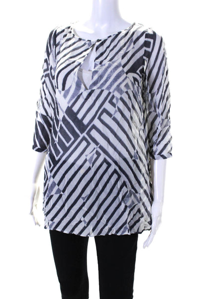 Theory Womens Abstract Stripe Keyhole 3/4 Sleeve Tunic Blouse Gray Size Small