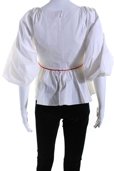 Staud Womens Cotton V-Neck Long Sleeve Zip Up Peplum Blouse Top White Size 2