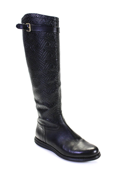 Cole Haan Women's Round Toe Flat Buckle Textured Knee High Boot Black Size 6.5