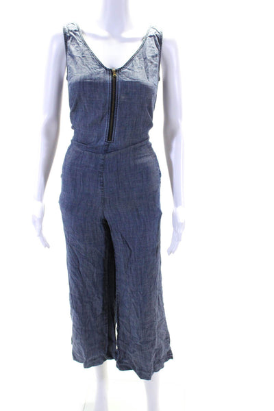 Trina Turk Womens Front Zip Sleeveless V Neck Straight Leg Jumpsuit Blue Size 6