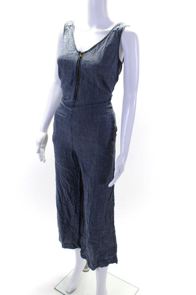 Trina Turk Womens Front Zip Sleeveless V Neck Straight Leg Jumpsuit Blue Size 6