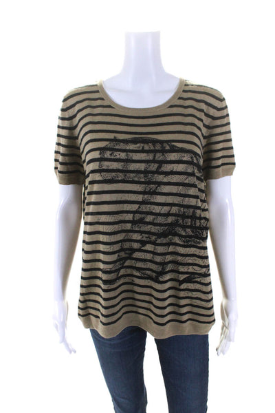 Christian Dior Womens Lion Striped Knit Short Sleeve Top Tee Shirt Brown Size 8