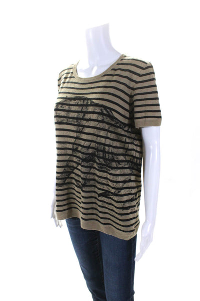 Christian Dior Womens Lion Striped Knit Short Sleeve Top Tee Shirt Brown Size 8