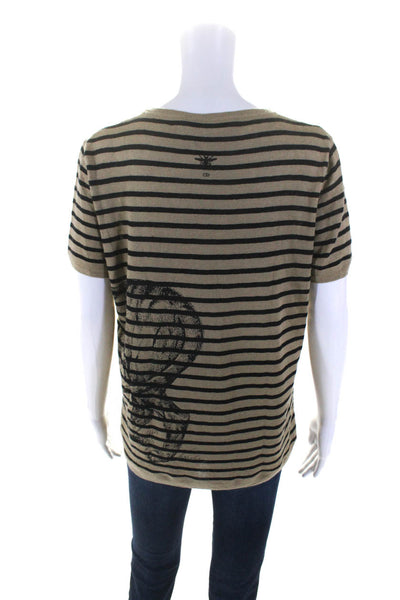 Christian Dior Womens Lion Striped Knit Short Sleeve Top Tee Shirt Brown Size 8