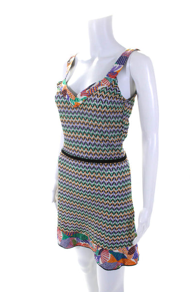 Missoni Womens V Neck Knit Chevron Mini A Line Dress Purple Green Orange IT 44