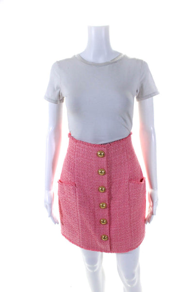 Balmain Womens Button Front Fringe Hem Mini Tweed Pencil Skirt Pink Size FR 40