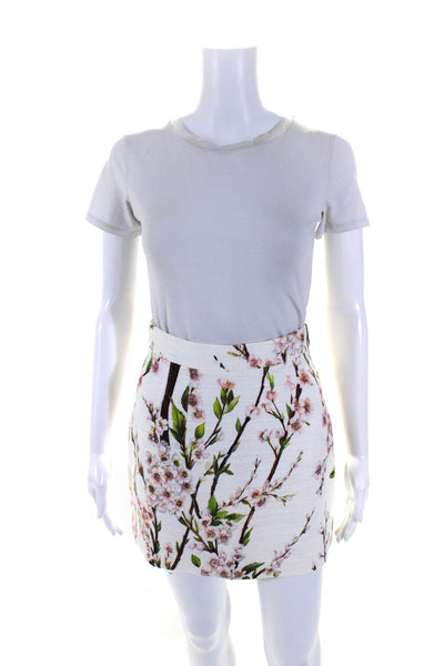 Dolce & Gabbana Womens Cherry Blossom Floral Boucle Mini Skirt Pink White IT 40