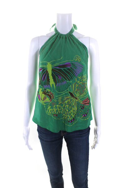 Tibi Womens Open Back Halter Butterfly Printed Silk Top Green Size 0