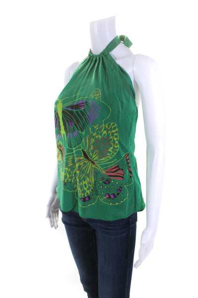 Tibi Womens Open Back Halter Butterfly Printed Silk Top Green Size 0